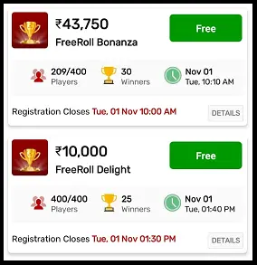 Free Tournaments in Taj Rummy App