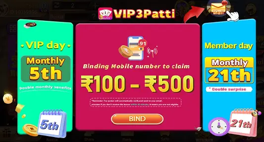 Claim 100 - 500 Bonus in VIP 3 Patti App